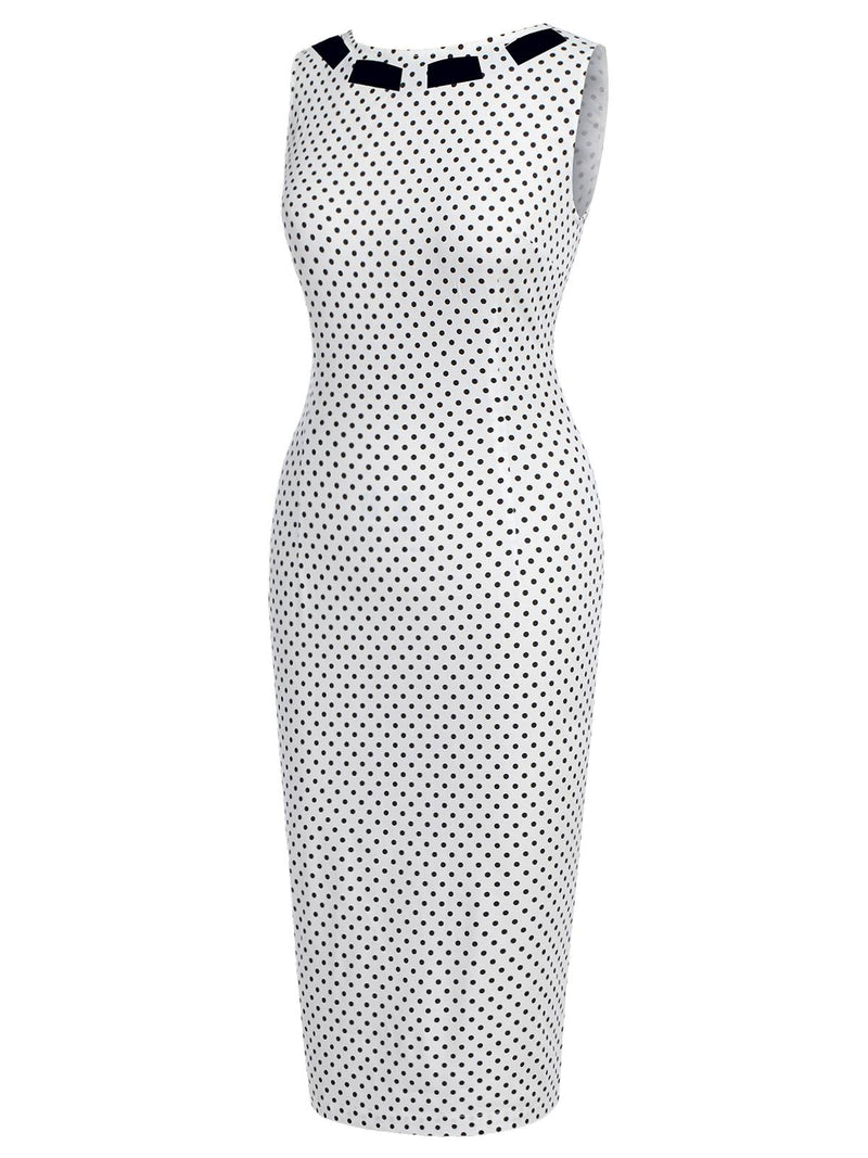 Pre-Sale] White 1960s Polka Dot Button Pencil Dress