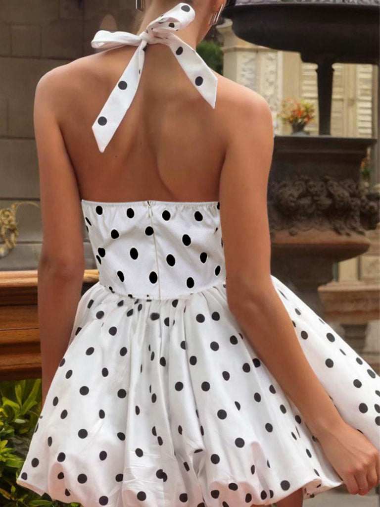A-line Polka Dots Halter Tutu Dress White Short Homecoming Dress 2026