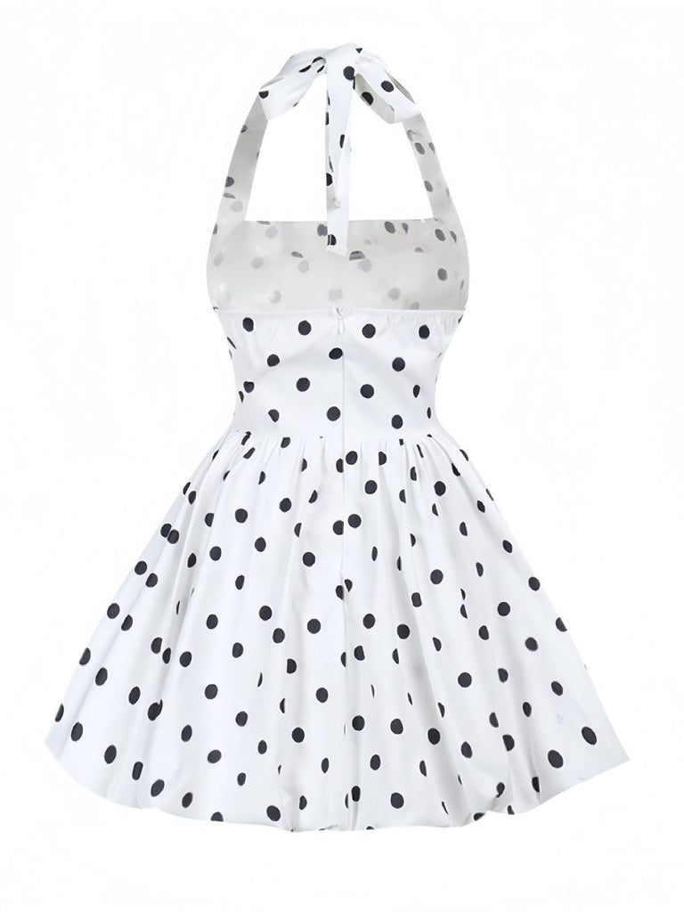 A-line Pin up Polka Dots Halter Tutu Mini Dress Black&White