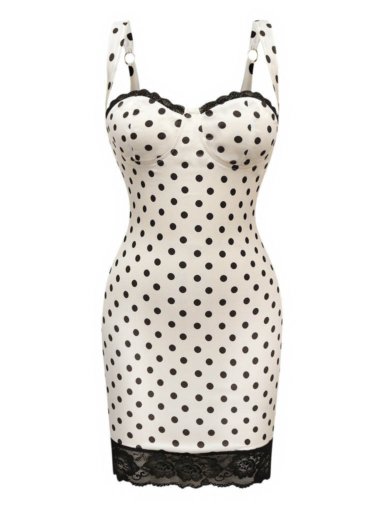 She slips into this White 1960s Polka Dots Lace Patchwork Bodycon Dress and suddenly it's a 1960s daydream