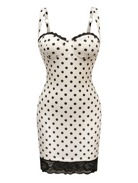 White 1960s Polka Dots Lace Patchwork Bodycon Dress
