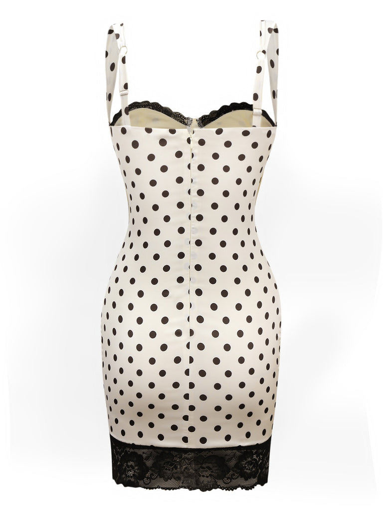 White 1960s Polka Dots Lace Patchwork Bodycon Dress: where 1960s romance meets her modern spirit