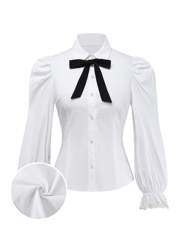 White 1960s Puff Sleeve Bow Tie Blouse - vintage fashion, retro style, pure white