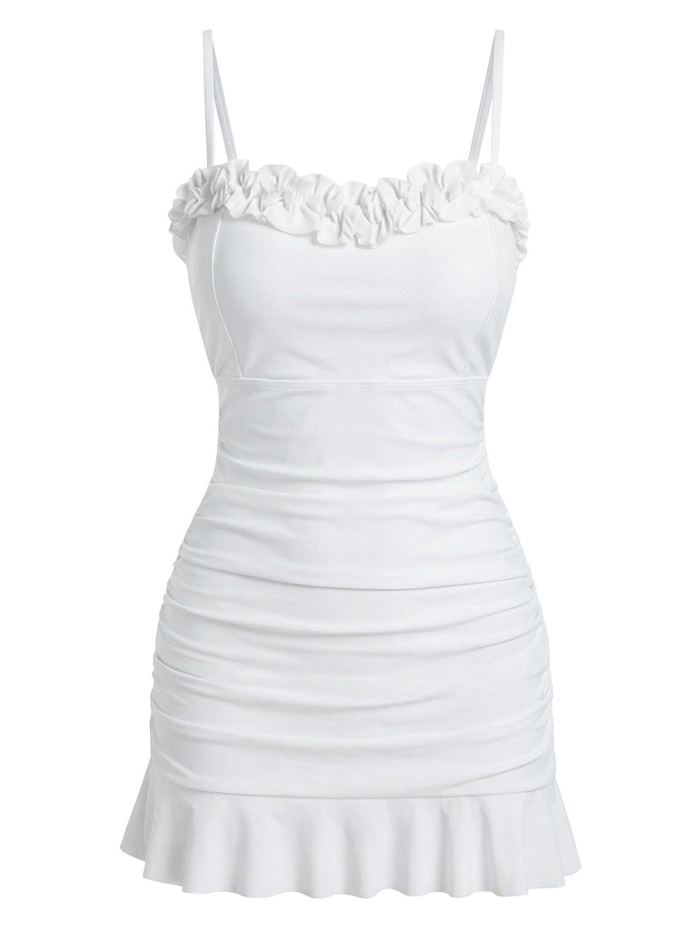 [Pre-Sale] White 1960s Ruffle Collar Fitted Ruched Swimsuit, vintage swimsuit, pin-up swimwear - perfect for women who love vintage and retro fashion