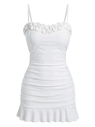 [Pre-Sale] White 1960s Ruffle Collar Fitted Ruched Swimsuit, vintage swimsuit, pin-up swimwear - perfect for women who love vintage and retro fashion