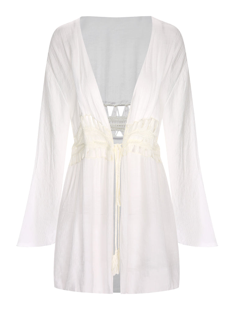 White 1960s Solid Hollow Waist Cover Up, bohemian cover up, beach wear - perfect for women who love vintage and retro fashion