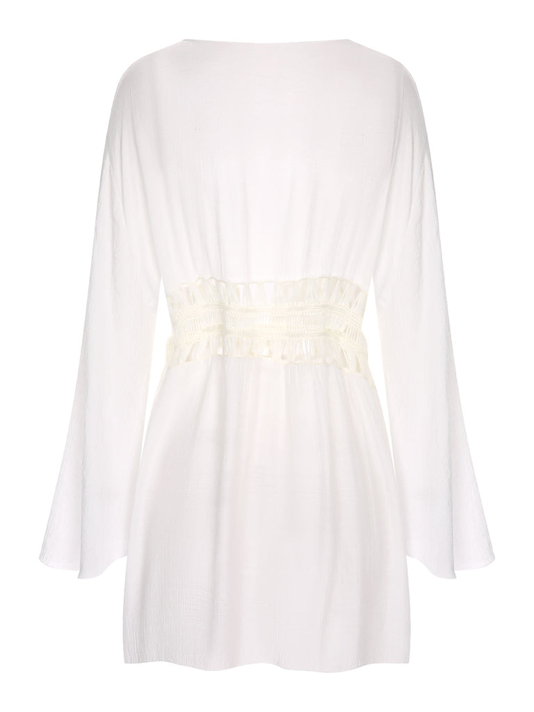 White 1960s Solid Hollow Waist Cover Up, bohemian cover up, beach wear - perfect for women who love vintage and retro fashion