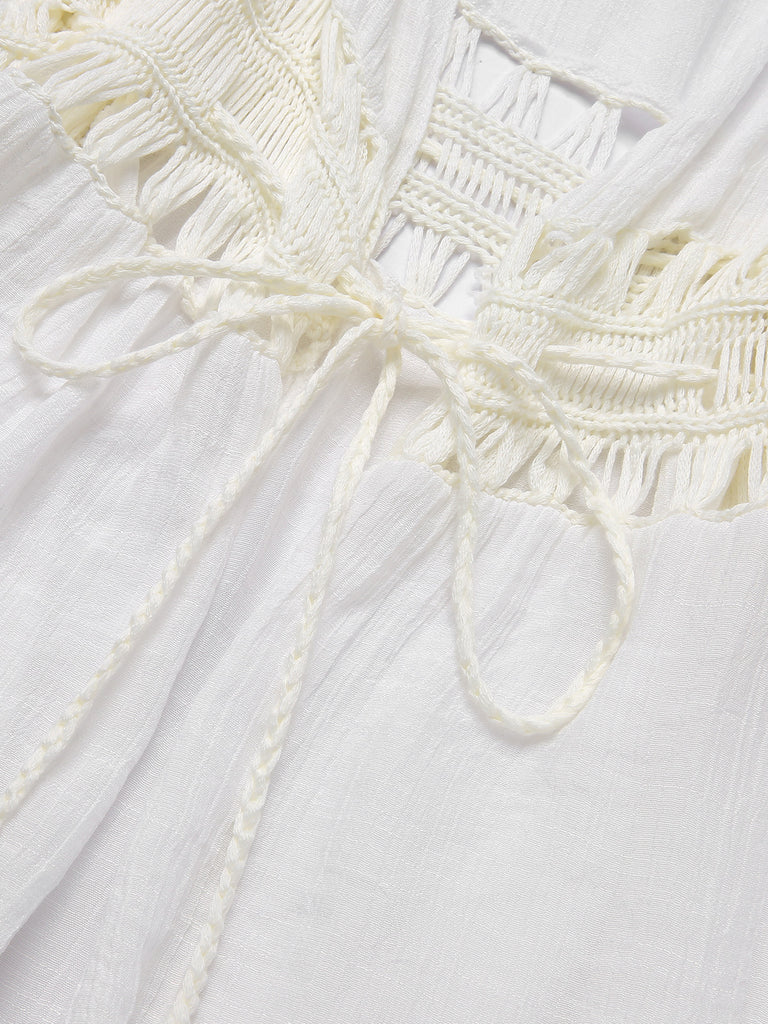 White 1960s Solid Hollow Waist Cover Up, bohemian cover up, beach wear - perfect for women who love vintage and retro fashion