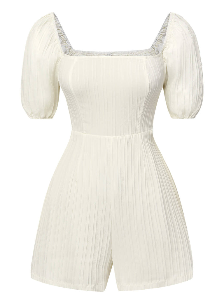 White 1960s Solid Puff Square Neck Romper, vintage romper, retro jumpsuit - perfect for women who love vintage and retro fashion