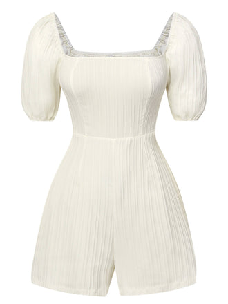 White 1960s Solid Puff Square Neck Romper, vintage romper, retro jumpsuit - perfect for women who love vintage and retro fashion