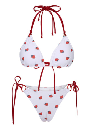 White 1960s Strawberry Lace-Up Halter Bikini Set, vintage swimsuit, pin-up swimwear - perfect for women who love vintage and retro fashion