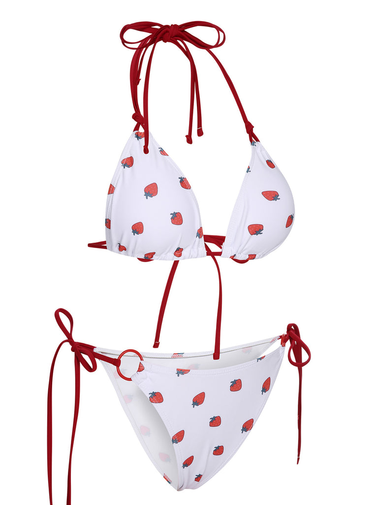 White 1960s Strawberry Lace-Up Halter Bikini Set, vintage swimsuit, pin-up swimwear - perfect for women who love vintage and retro fashion