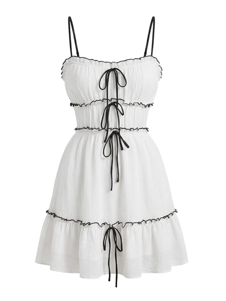 White 1960s Textured Ruffled Spaghetti Strap Mini Dress, vintage dress, retro fashion - perfect for women who love vintage and retro fashion