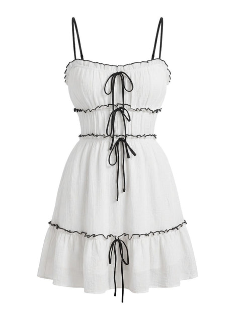 retro white mini dress White 1960s Textured Ruffled Spaghetti Strap Mini Dress