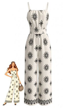 White 1970s Bohemian Spaghetti Strap Smocked Jumpsuit, vintage romper, retro jumpsuit - perfect for women who love vintage and retro fashion