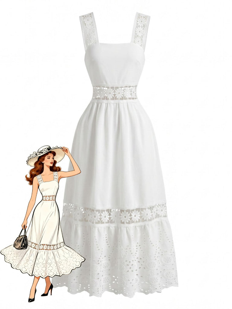 Boho Eyelet Embroidered Square Neck Lace Midi Dress White