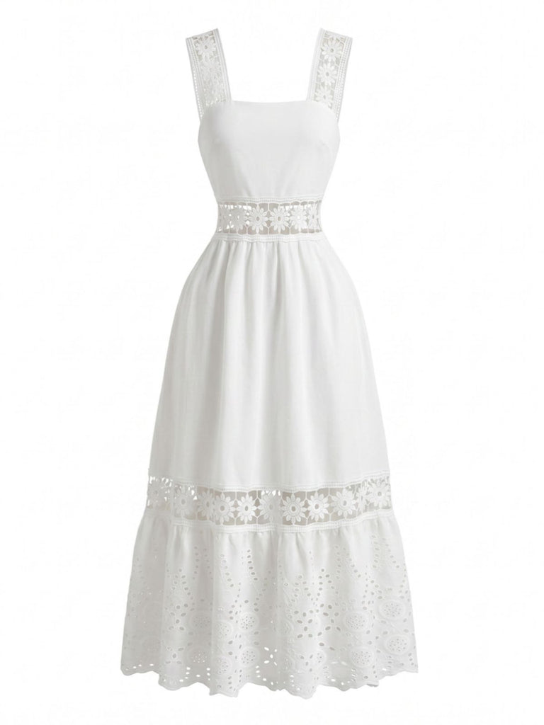 Boho Eyelet Embroidered Square Neck Lace Midi Dress White