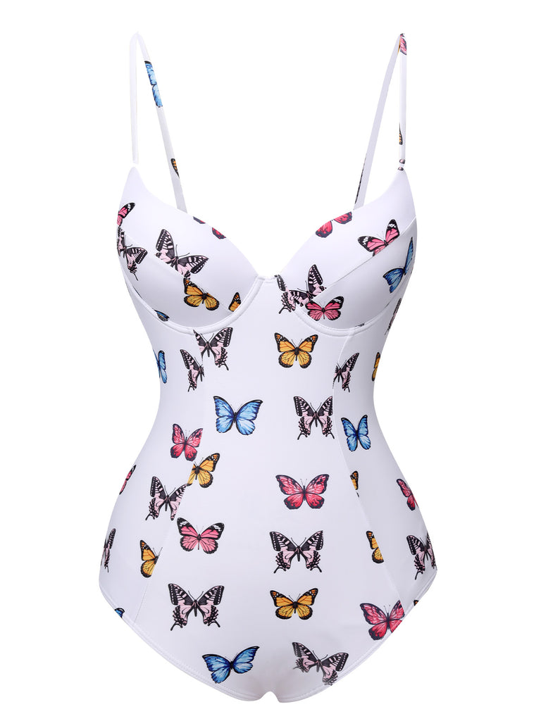 White 1970s Butterfly Strap One-Piece Swimsuit, vintage swimsuit, pin-up swimwear - perfect for women who love vintage and retro fashion