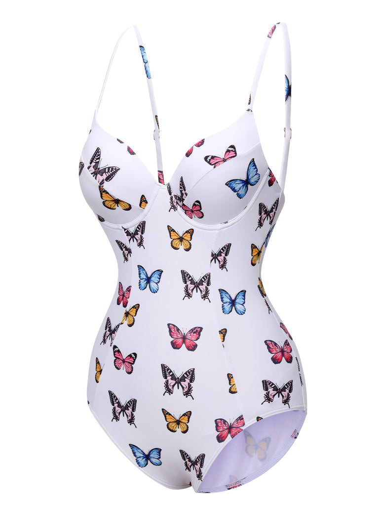 White 1970s Butterfly Strap One-Piece Swimsuit, vintage swimsuit, pin-up swimwear - perfect for women who love vintage and retro fashion