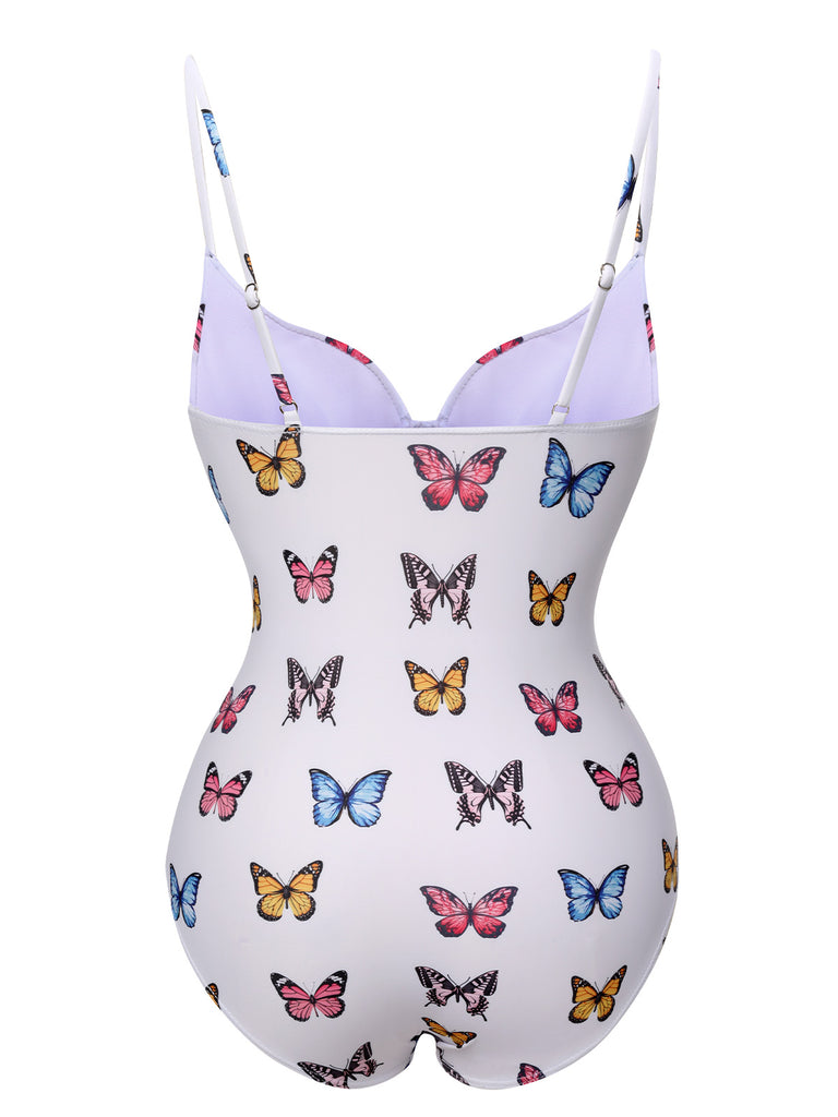 White 1970s Butterfly Strap One-Piece Swimsuit, vintage swimsuit, pin-up swimwear - perfect for women who love vintage and retro fashion