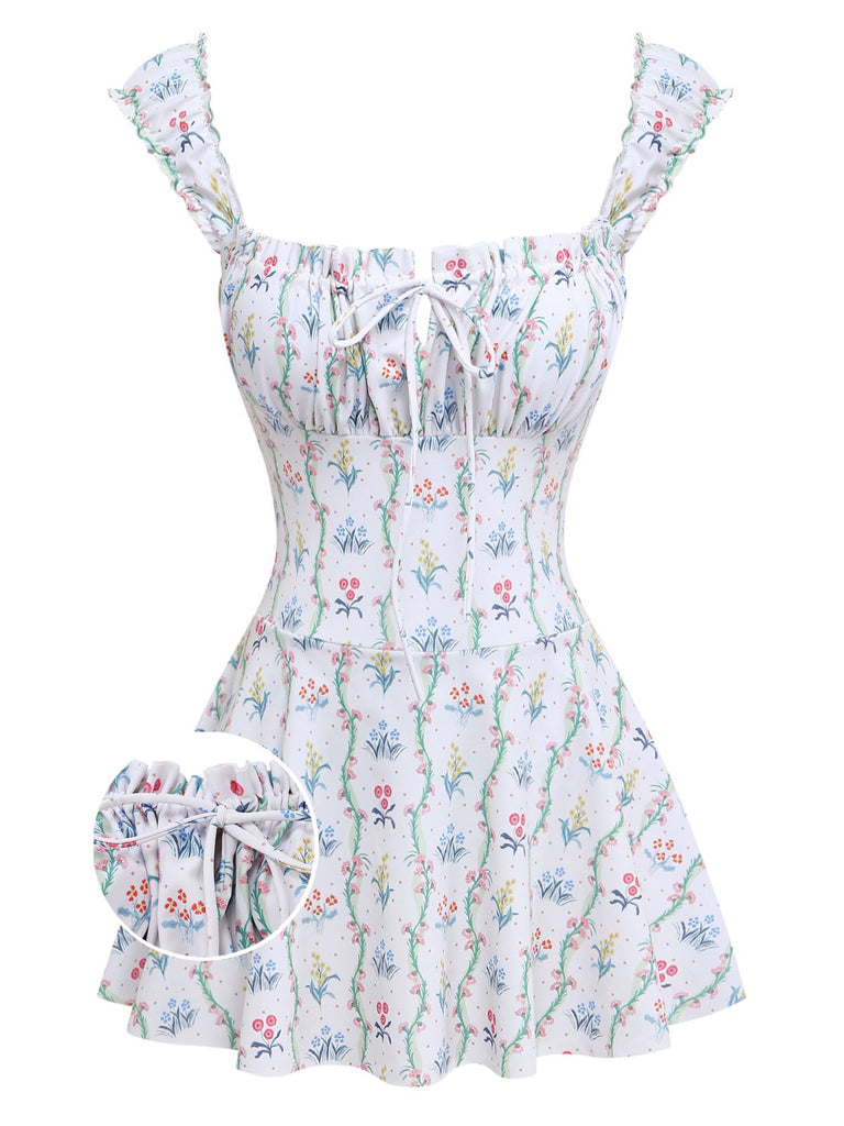 Vintage Floral Ruffle Straps One-piece Swimdress Cottagecore Style Swimsuit White