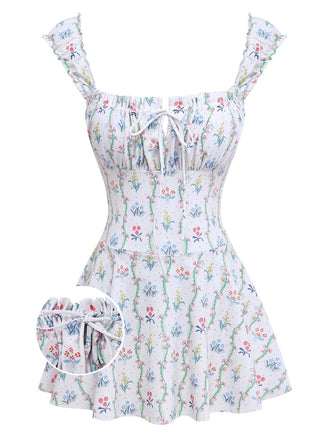 White 1970s Floral Ruffle Cap-Sleeve Square-Neck Swimdress - vintage dress, retro fashion, elegant style for vintage lovers