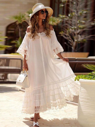 White 1970s Off-Shoulder Lace Tiered  Boho Dress - vintage dress, retro fashion, elegant red