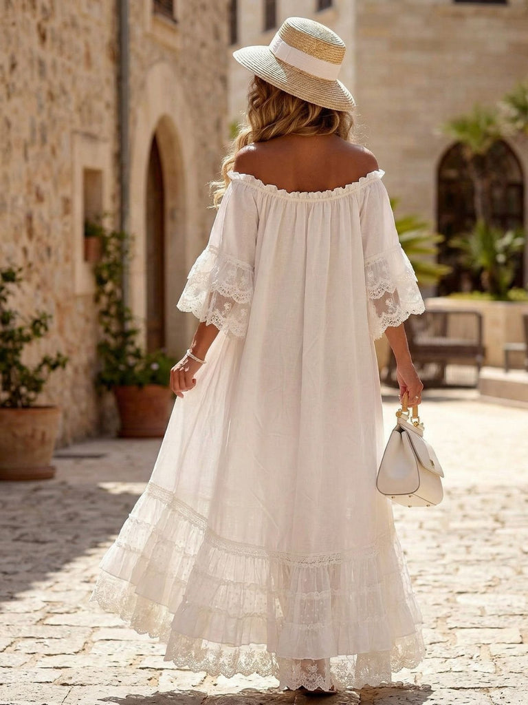 White 1970s Off-Shoulder Lace Tiered Boho Dress White 1970s Off-Shoulder Lace Tiered Boho Dress