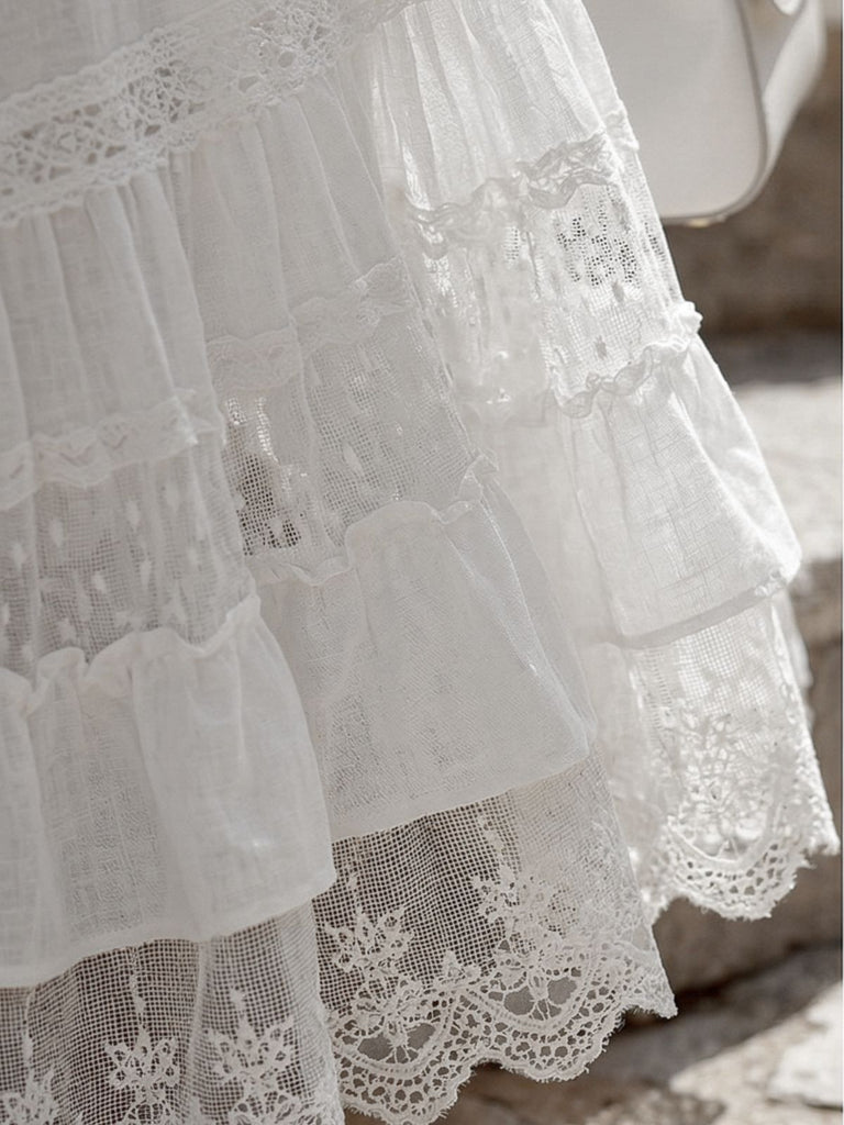 White 1970s Off-Shoulder Lace Tiered  Boho Dress - vintage dress, retro fashion, elegant red