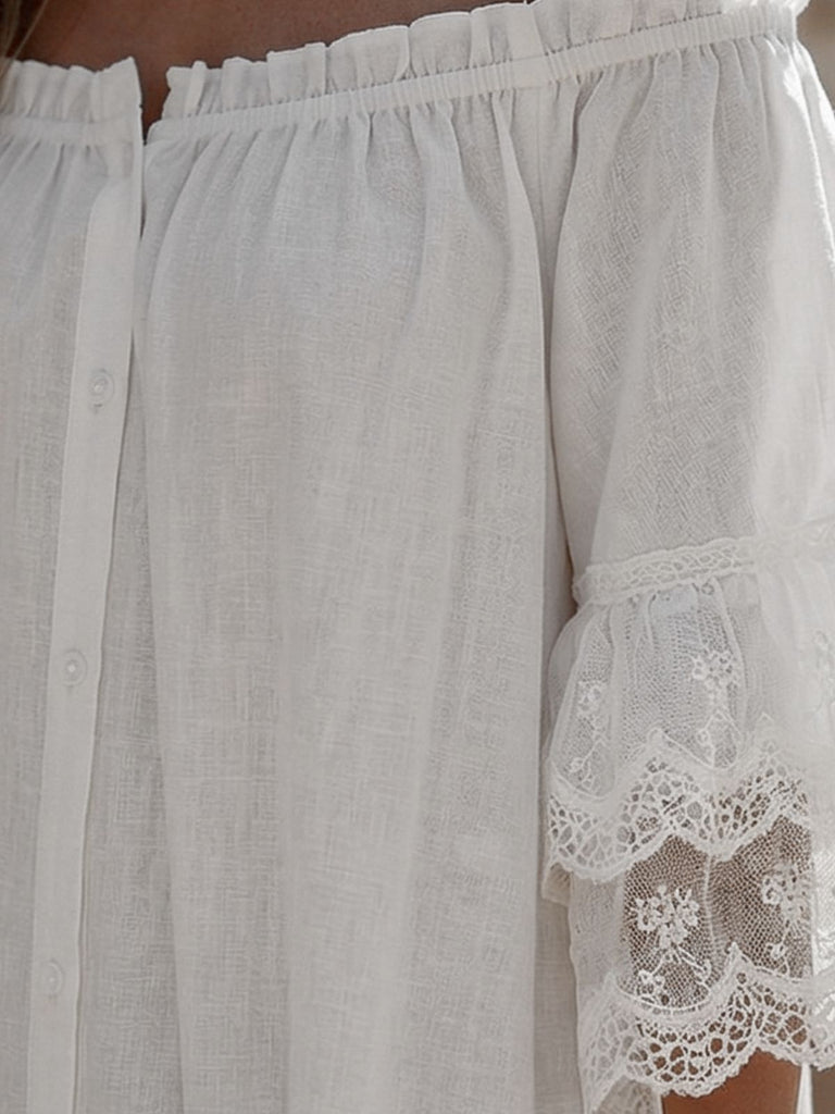 White 1970s Off-Shoulder Lace Tiered  Boho Dress - vintage dress, retro fashion, elegant red