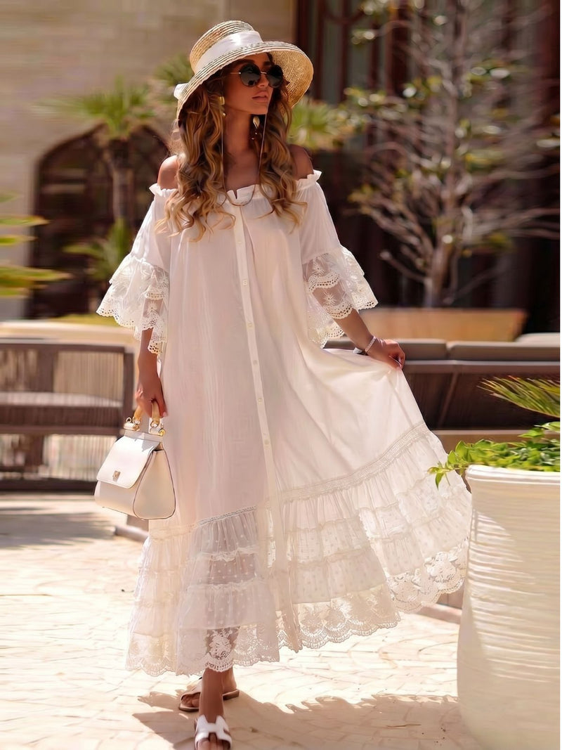 White 1970s Off-Shoulder Lace Tiered Boho Dress