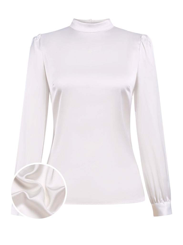 White 1970s Satin High Neck Solid Blouse, vintage top, retro blouse - perfect for women who love vintage and retro fashion