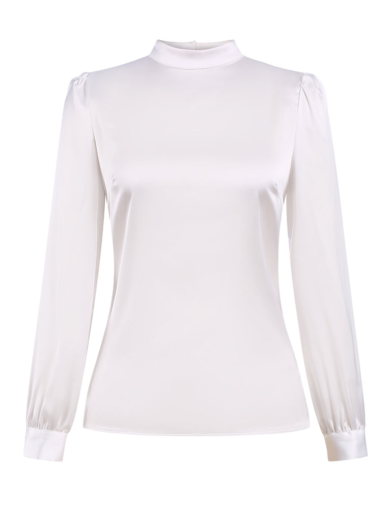 White 1970s Satin High Neck Solid Blouse, vintage top, retro blouse - perfect for women who love vintage and retro fashion