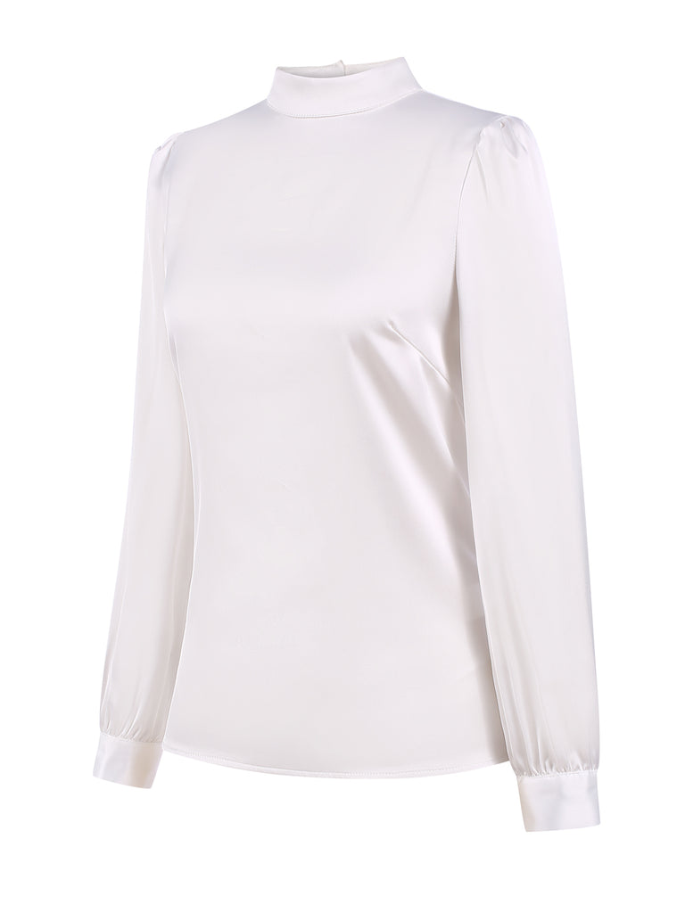 White 1970s Satin High Neck Solid Blouse, vintage top, retro blouse - perfect for women who love vintage and retro fashion