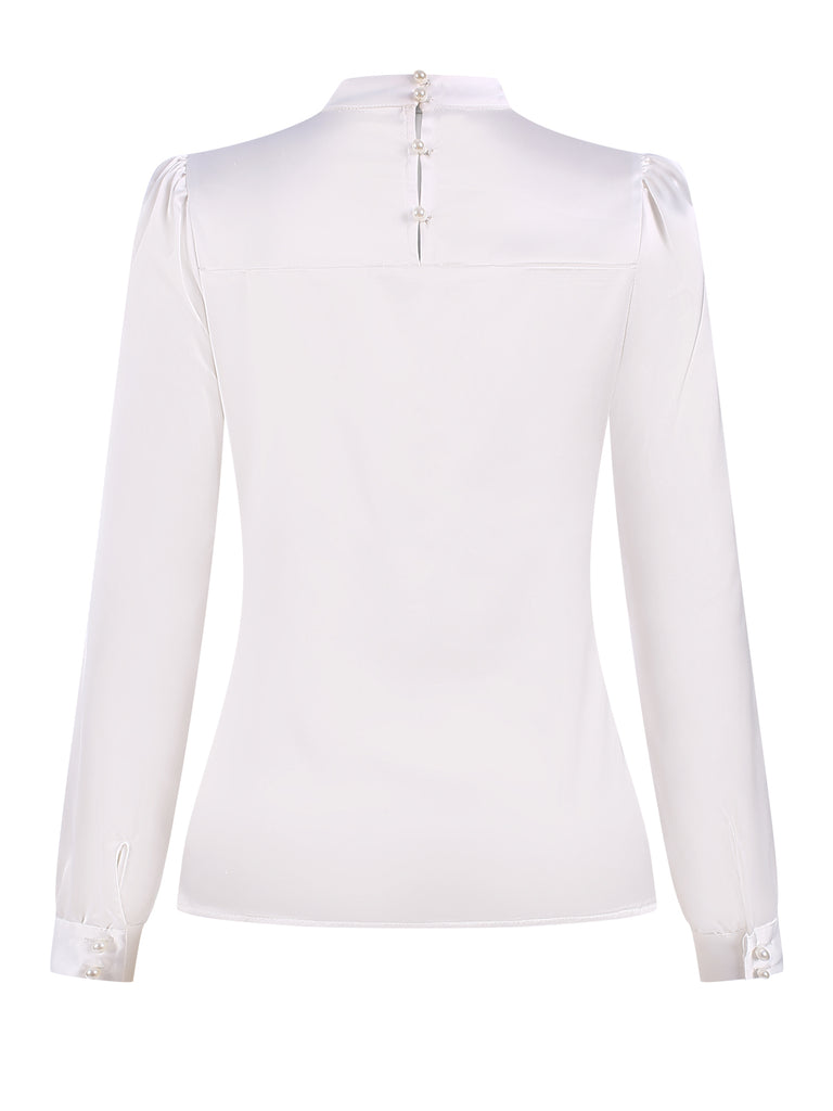 White 1970s Satin High Neck Solid Blouse, vintage top, retro blouse - perfect for women who love vintage and retro fashion