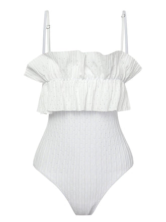 White 1970s Solid Ruffles Bandeau Swimsuit, vintage swimsuit, pin-up swimwear - perfect for women who love vintage and retro fashion