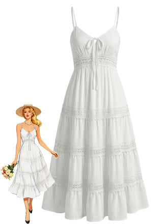 White 1970s Spaghetti Strap Boho Lace Tiered Dress - vintage dress, retro fashion, elegant red