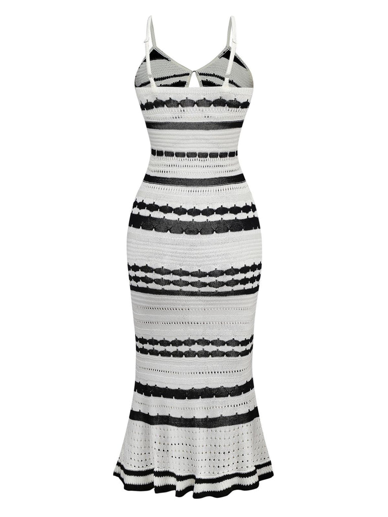 White 1970s Striped Knit Bodycon Dress: where 1970s romance meets her modern spirit
