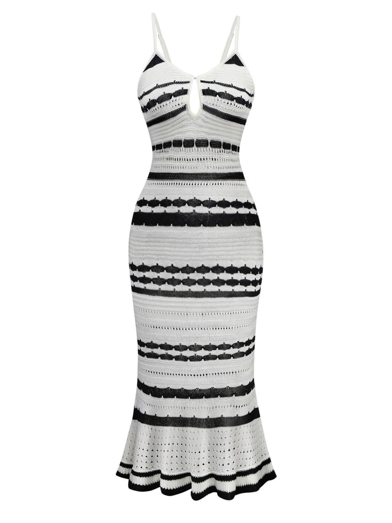 She slips into this White 1970s Striped Knit Bodycon Dress and suddenly it's a 1970s daydream