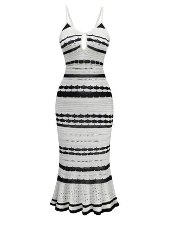 She slips into this White 1970s Striped Knit Bodycon Dress and suddenly it's a 1970s daydream