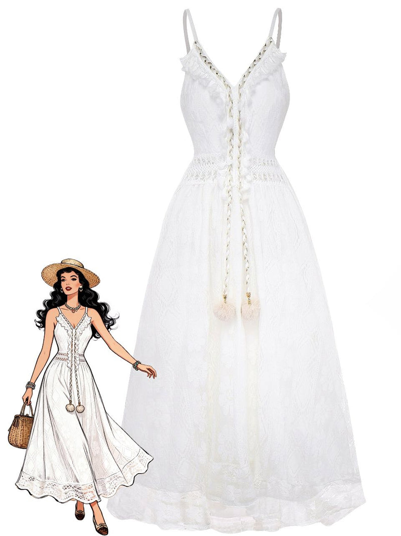 White Tassel Boho Maxi Dress Flowy Summer Wedding Guest Dress Beach Vacation Dress White Tassel Boho Maxi Dress Flowy Summer Wedding Guest Dress Beach Vacation Dress