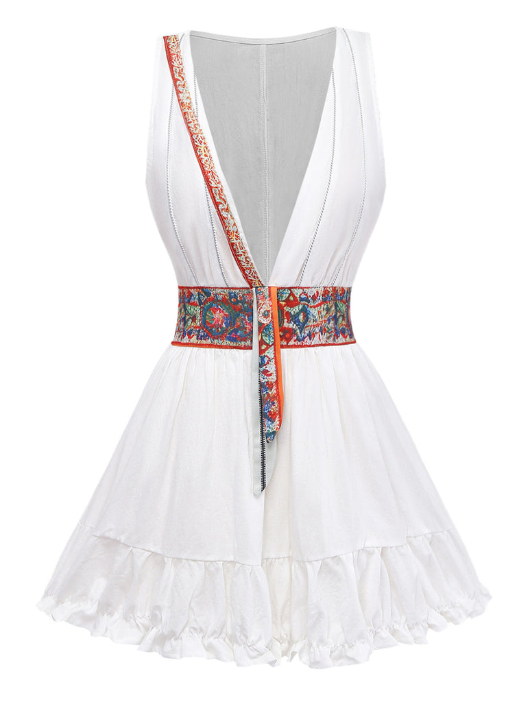 White 1970s V-Neck Sleeveless Boho Mini Dress 3