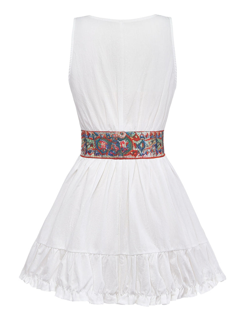 White 1970s V-Neck Sleeveless Boho Mini Dress