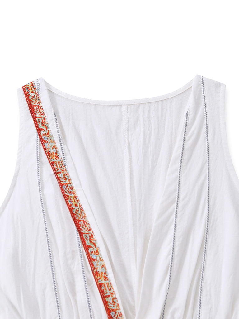 White 1970s V-Neck Sleeveless Boho Mini Dress 6