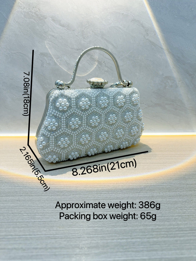 White beaded handbag with measurements and weight details on a light gray background