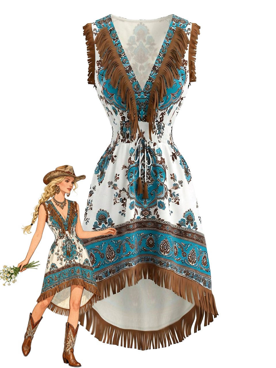 White 1970s Western Boho Paisley Fringe Mini Dress