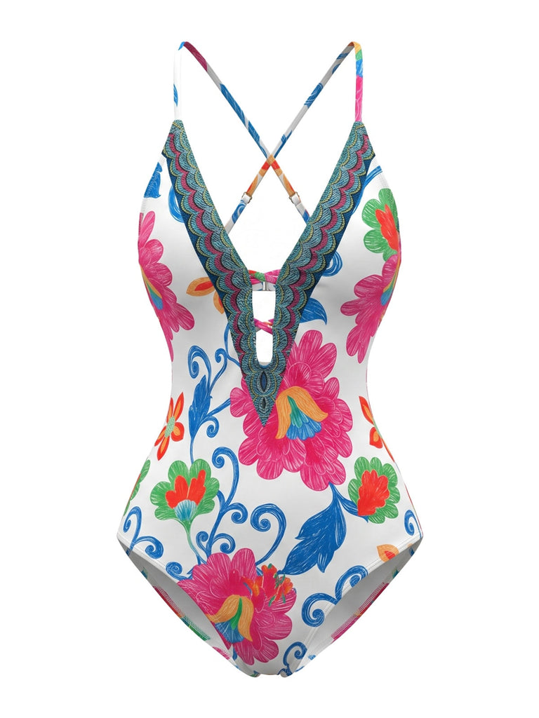 White 1980s Floral Crisscross Halter Deep-V One Piece Swimsuit, vintage swimsuit, pin-up swimwear - perfect for women who love vintage and retro fashion