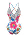 White 1980s Floral Crisscross Halter Deep-V One Piece Swimsuit, vintage swimsuit, pin-up swimwear - perfect for women who love vintage and retro fashion