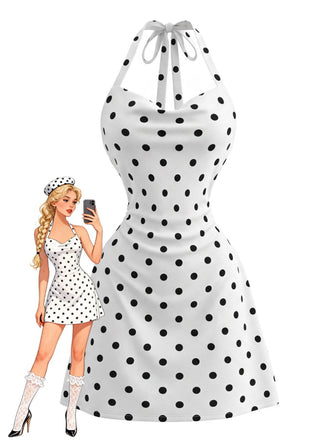 White 1980s Polka Dots Halter Bodycon Dress, vintage dress, retro fashion - perfect for women who love vintage and retro fashion