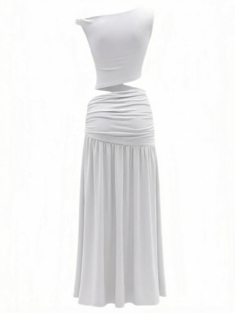 White 2PCS 1930s Off-Shoulder Top & Slit Ruched Maxi Skirt-back-view